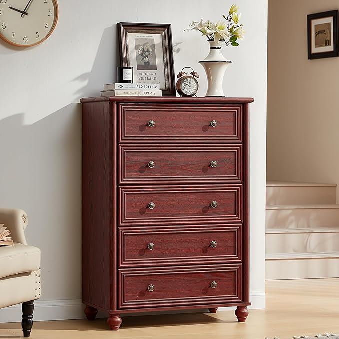 Farmhouse Dresser for Bedroom Set of 2, 5 Drawers Wood 45" Tall Chest of Drawers, Dresser Rustic Storage Dressers Organizer with Metal Handle Closet for Living Room, Hallway Entryway