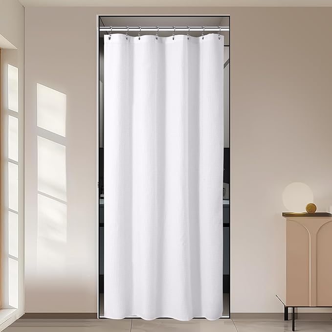 River Dream Stall Waffle 3 in 1 Shower Curtain Set, White Fabric Shower Curtain and Clear Liner Set, with Double Sided Hooks, Waterproof, 36" W*72" H