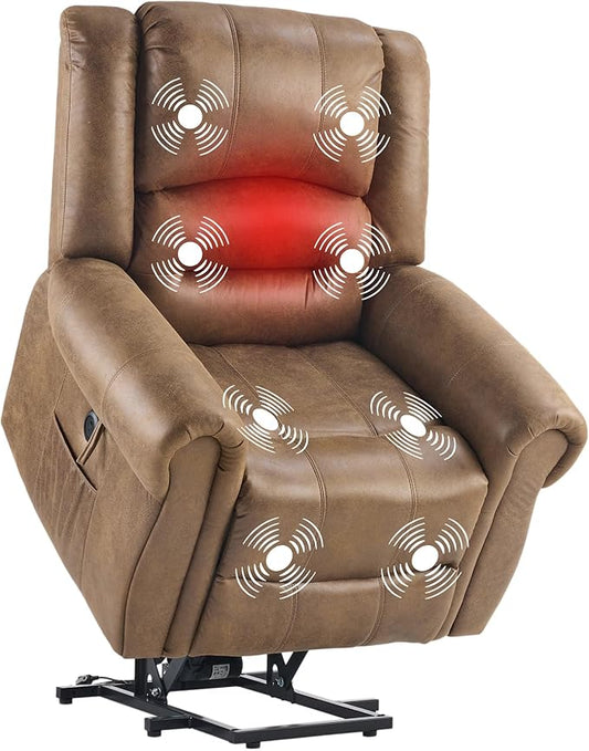 FLEXISPOT Power Lift Recliner Chair for Elderly with Massage & Heat, Faux Leather Electric Reclining Chair for Seniors with USB Ports, Cup Holders & Side Pockets(Medium Size,Camel Brown