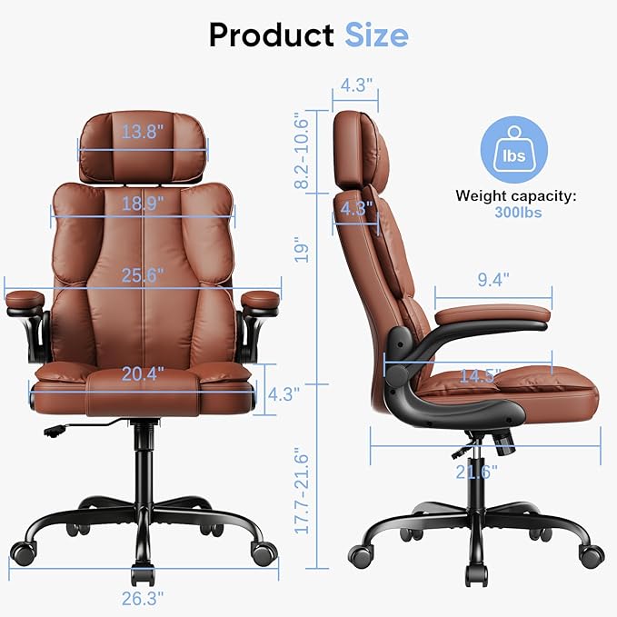 Executive Leather Office Chair, Computer Chair with Thick Cushion & Lumbar Support, Ergonomic Desk Chair with Adjustable Headrest & Armrests,Brown