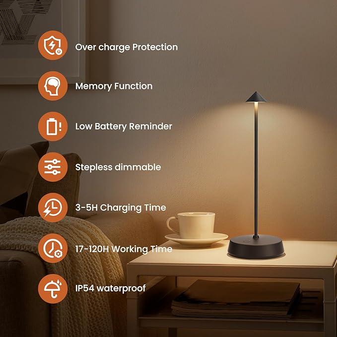 Cordless Table Lamp Rechargeable, Battery Operated 6000mAh Desk Lamp Touch Dimmable Lamp Outdoor Waterproof Portable Wireless Table Light, Small Table Lamp for Restaurant Bar/Outdoor(Black)