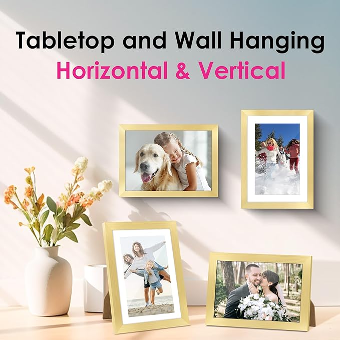 FIXSMITH 5x7 Picture Frame Set of 2, Gold Picture Frames Collage for Tabletop or Wall Display, Photo Frame with HD Plexiglass, Display Pictures 4x6 with Mat or 5x7 Without Mat