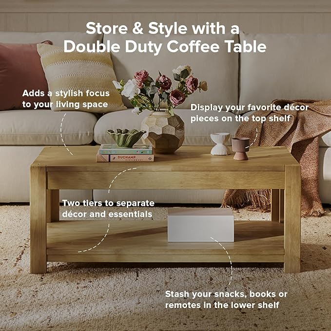 mopio Logan Solid Wood 2-Tier Rectangle Coffee Table, Modern Farmhouse Solid Rubberwood with Light Wire Brush L Shaped Leg Joint