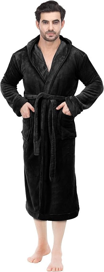 NY Threads Mens Robe with Hood, Luxury Plush Fleece Hooded Mens Bathrobe, Spa Bath Robe for Men