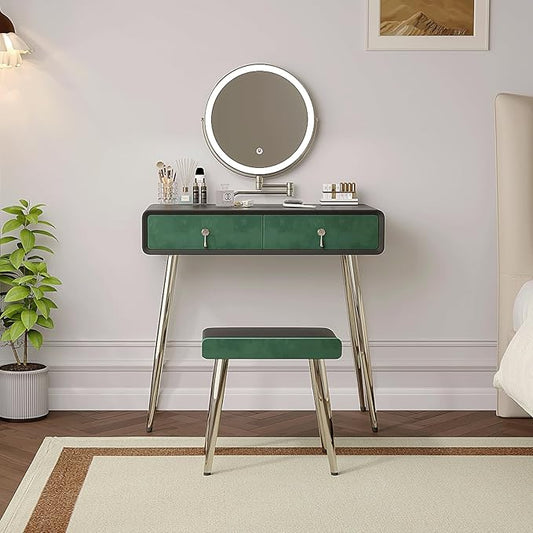 Vanity Desk with Adjustable Mirror and Lights, Makeup Vanity with 2 Drawers and Chair, Small Dressing Table with Leather Surface for Bedroom, 3 Lighting Modes