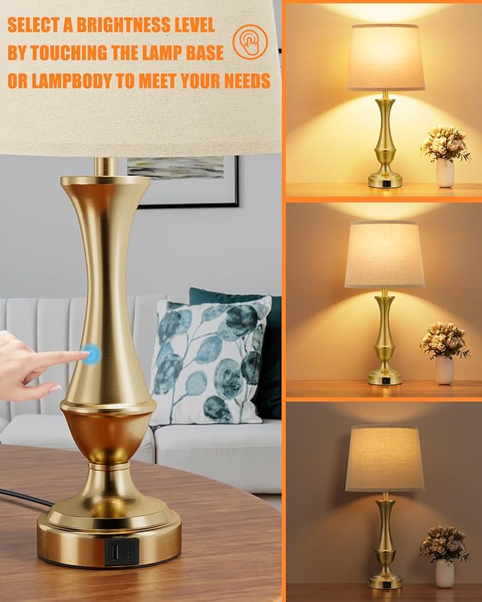 Upgraded Touch Lamps for Night Stands Set of 2 - Bedside Lamps with USB C+A, 3 Way Dimmable for Bedroom Living Room End Tables Office (Brown&Gold)
