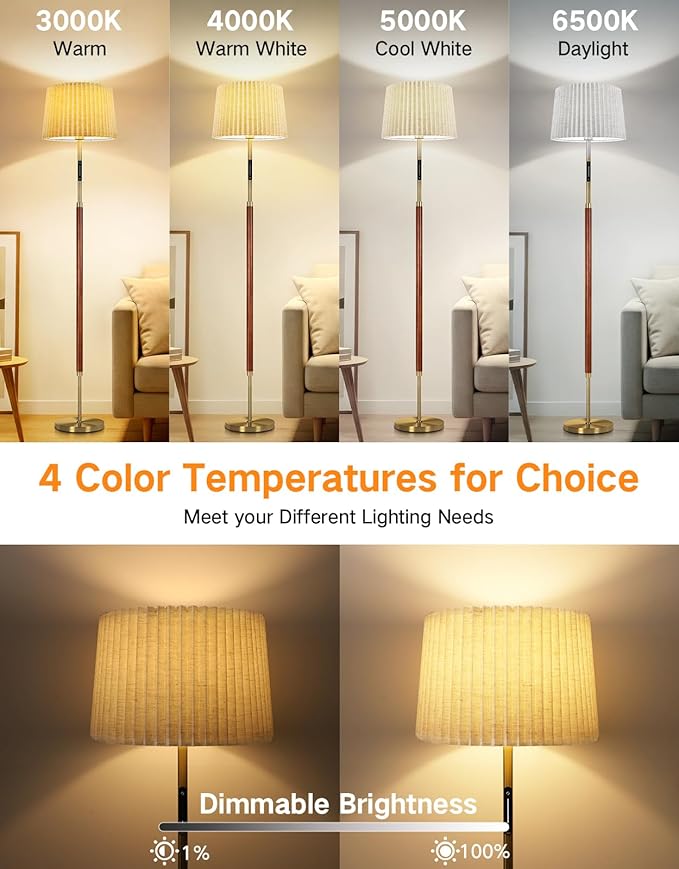 OUTON Wood Floor Lamp, Mid Century LED Modern Dimmable Standing Lamp with Remote & Touch Control, 4 Color Temperatures, Tall Floor Lamps for Living Room, Bedroom, Office, Walnut