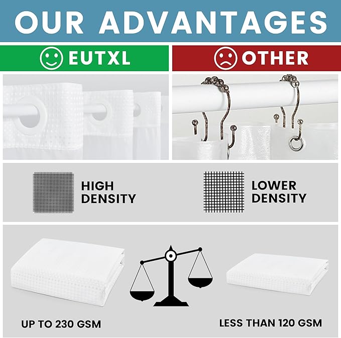 White No Hook Shower Curtain with Snap in Liner,230GSM Waffle Weave Shower Curtains for Bathroom,71W x 74H