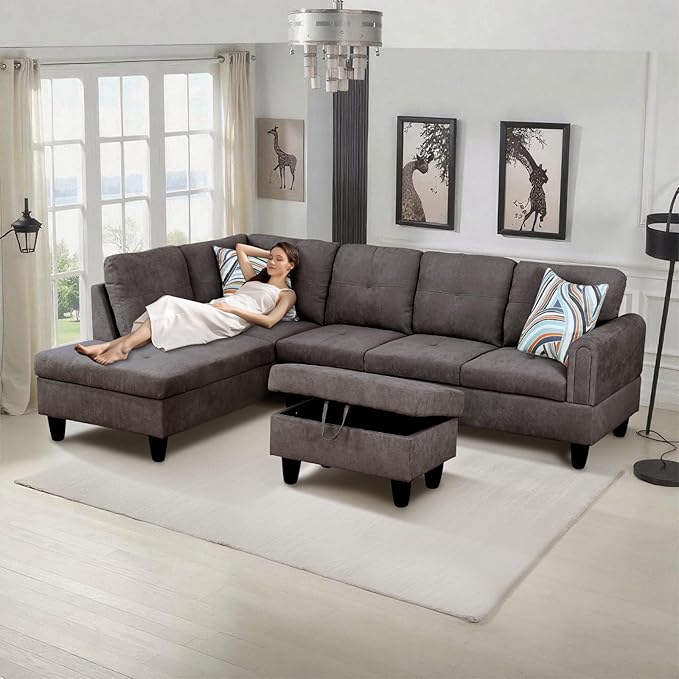 L-Shape 3-Piece Cloud Sofa, Couch for Living Room, Dark Brown Fluffy Fabric L-Shape with Reversible Chaise & Storage Ottoman, Ergonomic 110–115° Recline, Solid-Wood Frame