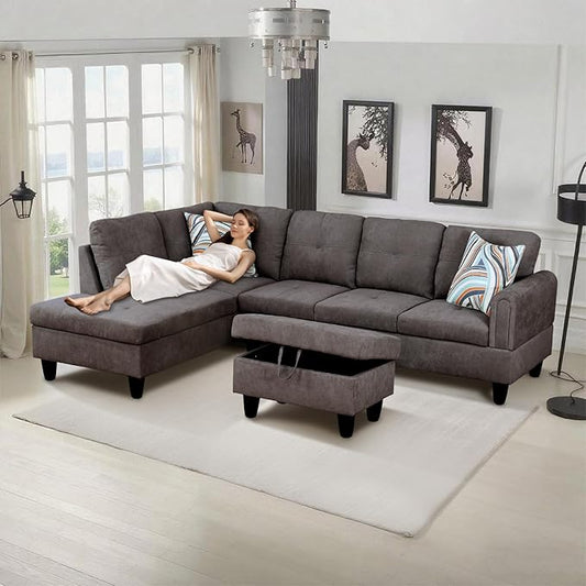 L-Shape 3-Piece Cloud Sofa, Couch for Living Room, Dark Brown Fluffy Fabric L-Shape with Reversible Chaise & Storage Ottoman, Ergonomic 110–115° Recline, Solid-Wood Frame