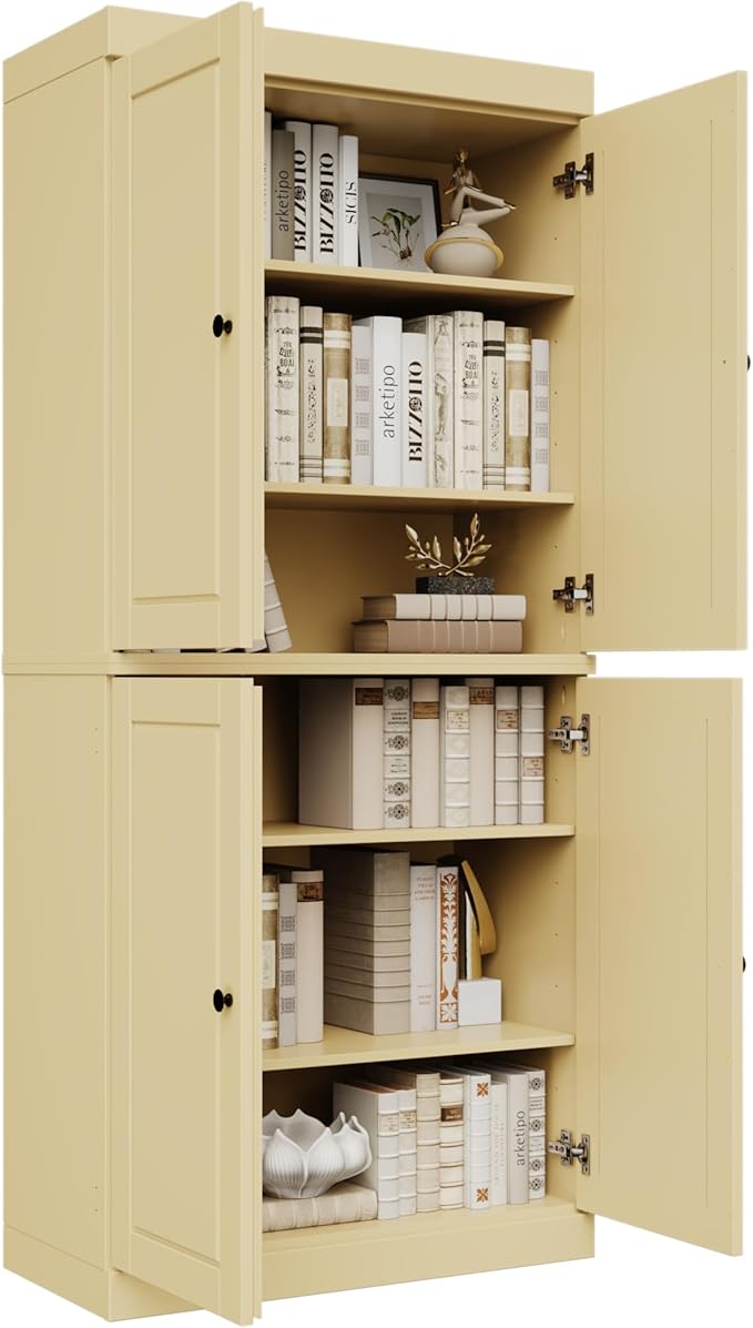 Palace Imports Solid Wood Bookcase - 6-Shelf Tall Bookshelf, 71.5” H x 32” W - Yellow, Wooden Cabinet Doors, Adjustable Shelves, 100% Renewable Eco-Friendly Wood, Made in Brazil