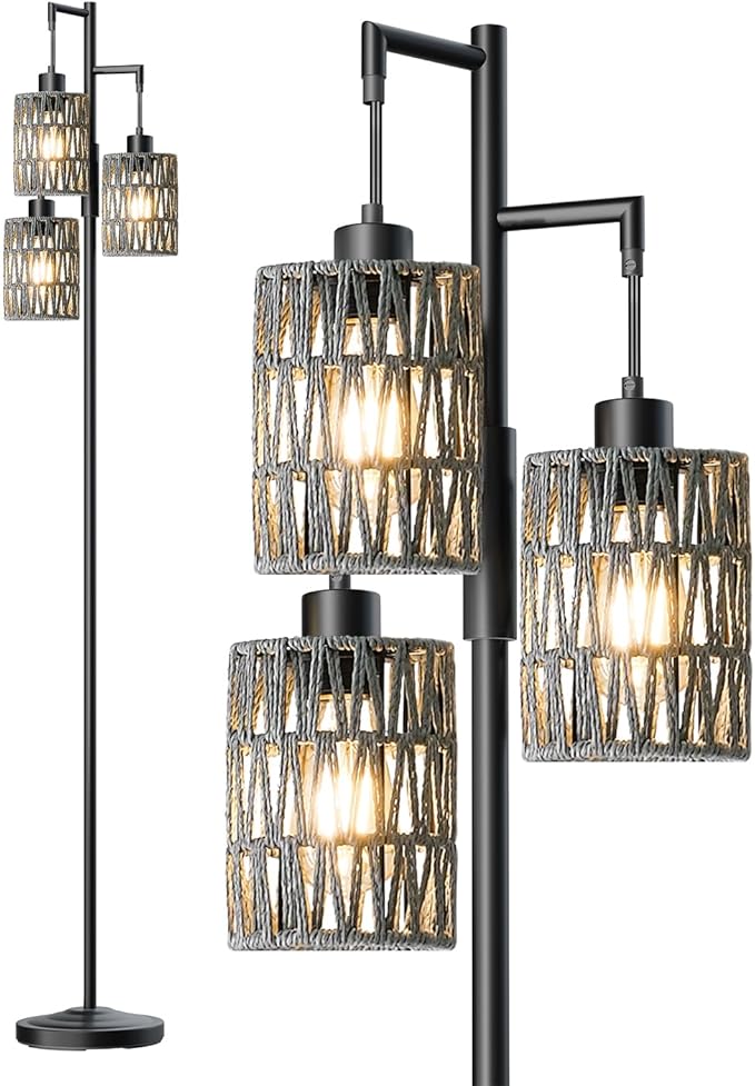 Oneach 70" Floor Lamps for Living Room, Stepless Dimmable Boho Floor Lamp with 3 Bulbs, Tall Farmhouse Industrial Corner Standing Tree Lamp for Bedroom, Office, Study Room, Black with Grey Shades