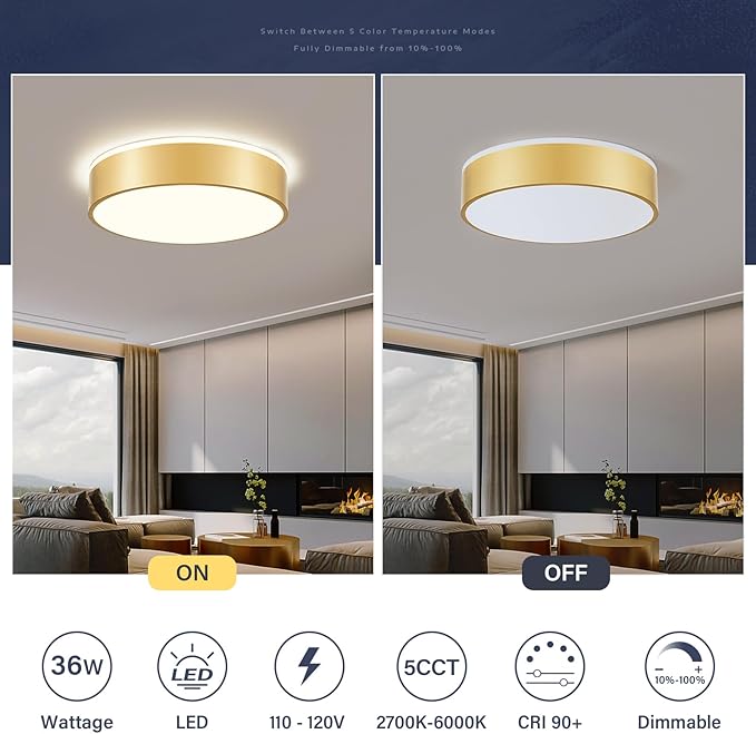 Dimmable Gold LED Large Flush Mount Ceiling Light, 5CCT 2700K-6000K Ceiling Light Fixture,Modern Round Metal Ceiling Lamp for Bedroom, Kitchen, Living Room 36W- 15.7in