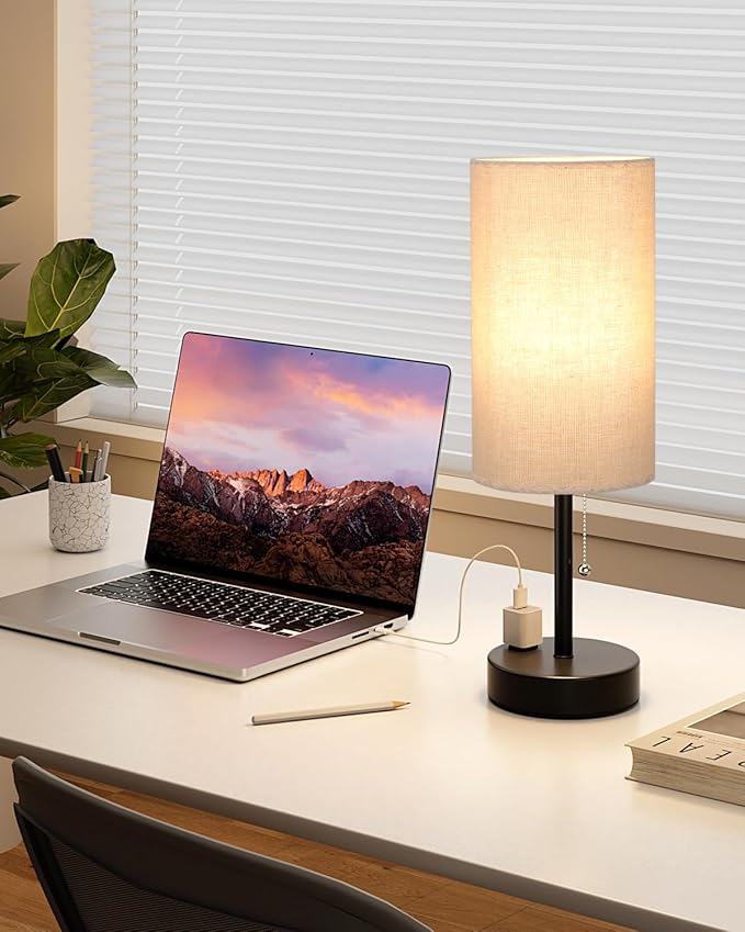 Plus Beige Bedside Table Lamps Set of 2-3 Color Temperatures Pull Chain Lamp with AC Outlet Charging Port, Two Round Night Stand Lamps for Bedroom Guest Room Office, Bed Side Light