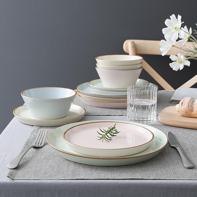 Famiware Saturn Dinnerware Sets, Plates and Bowls Sets for 4, 12 Pieces Stoneware Dish Set - Chip and Scratch Resistant, Microwave and Dishwasher Safe Tableware Set, Multi-color with Rim