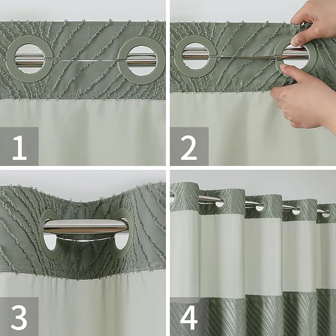 no Hook Shower Curtain and Liner Set，Boho Style with See Through Top Window, SageGreen Fabric Tufted Striped Textured Outer Curtain & Waterproof Inner Liner, SageGreen, 71Wx77H