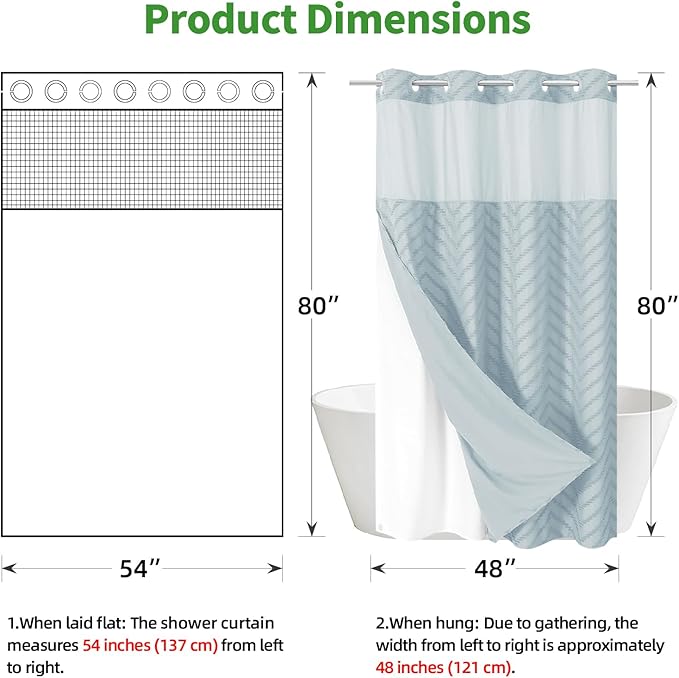 Stall No Hook Boho Farmhouse Shower Curtain with Snap-in Fabric Liner set-54Wx80H(78H),Tufted Chevron Striped Hotel Grade Cloth Shower Curtains for Bathroom,Water Repellent,Fog Blue