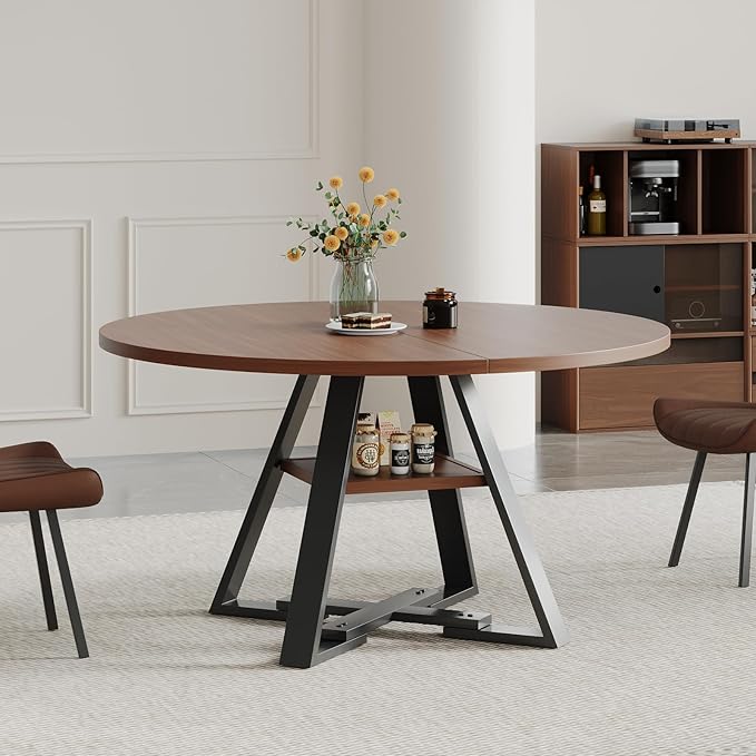 45.3" Walnut Round Dining Table Set with 4 Chairs – Mid-Century Modern Small-Space Kitchen & Dining Room Furniture for Apartment or Breakfast Nook (Boxwood – Storage Table + 4 Brown Chairs)