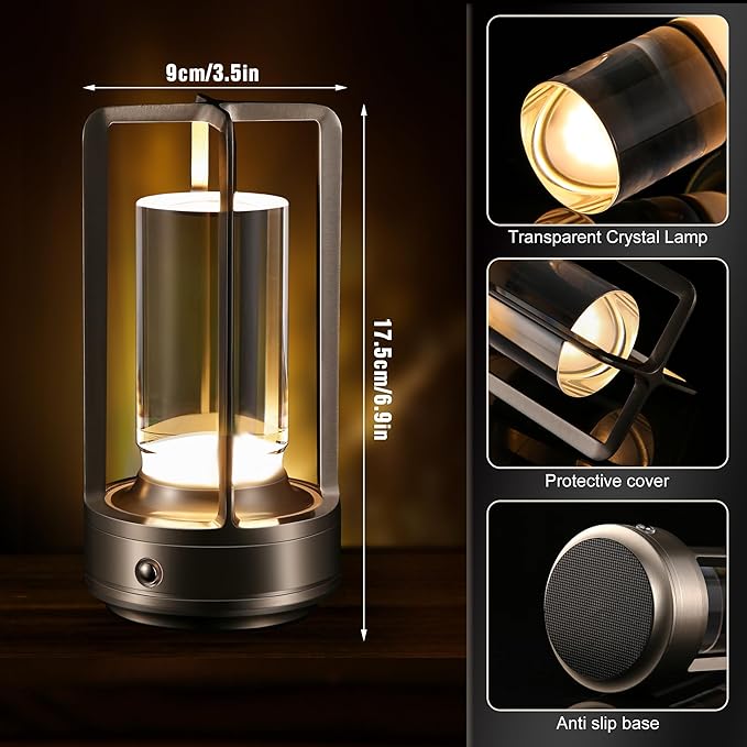 Portable Metal Table Lamp,Cordless Table Lamp, Rechargeable Battery Operated Lights, LED Table Lamps, 3 Color Stepless Dimming Touch, for Bedroom Restaurant Home Outdoor (Sliver)