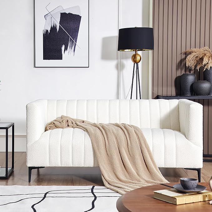 Get Set Style Modern Accent Sofa,Tufted Boucle Upholstered Sherpa Deep Seat Cloud Sofas,Comfy 3 Seater Couch with 2 Pillows for Living Room Apartment Office Lounge Studio (White)