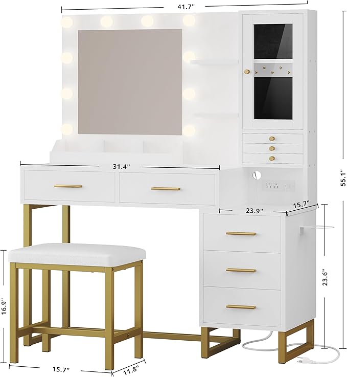 IRONCK Vanity Desk with Mirror and Lights, Makeup Vanity Table with 5 Drawers & Shelves, Power Outlet, Vanity Stool, Dressing Table with Jewelry Storage for Bedroom, White & Gold