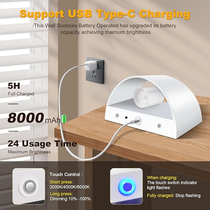 2 Pack Battery Operated Wall Sconce with Remote Control,No Hardwired White Aluminum Wall Sconces Set of Two,50W Equivalent Battery Wall Light,3000K-6500K Dimmable Wall Sconces