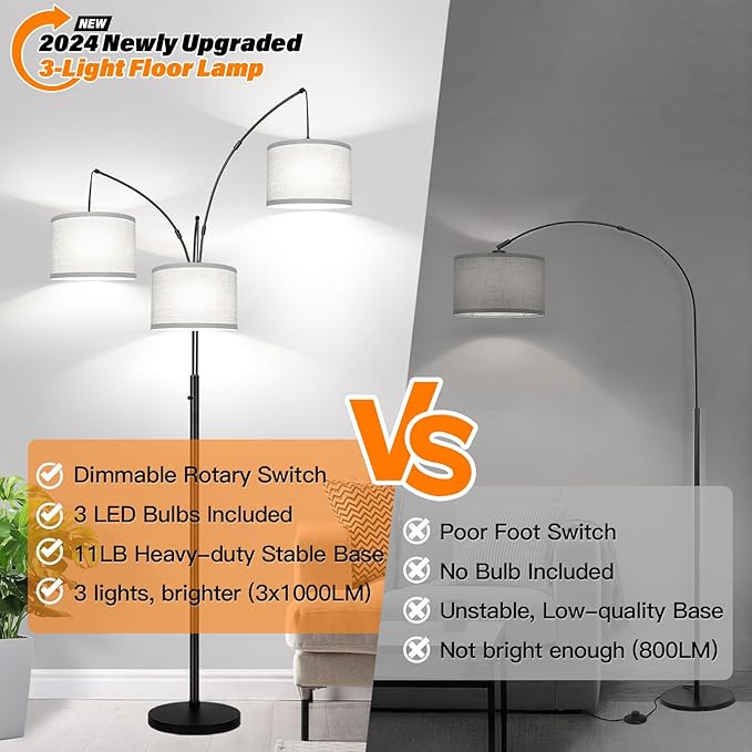Dimmable Floor Lamp, 3 Lights Arc Floor Lamps for Living Room, Modern Tall Standing Tree Lamp with Gray Linen Shade & Heavy Base, Large Floor Lamp for Bedroom Office, 3x1000 LM LED Bulbs Included