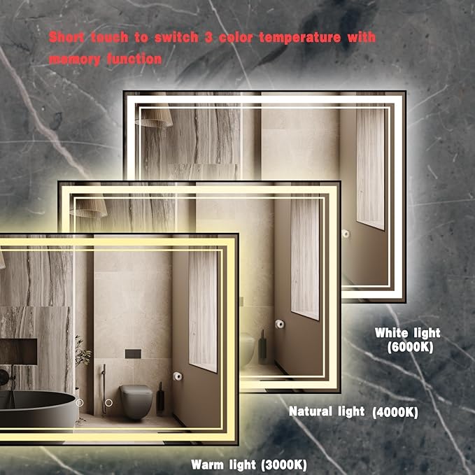 48" x 36" LED Bathroom Mirror with Lights Framed LED Mirror for Bathroom Backlit and Front Lighted Bathroom Mirror Black Square Aluminum Frame Anti-Fog Dimmable Adjustable Shatter-Proof