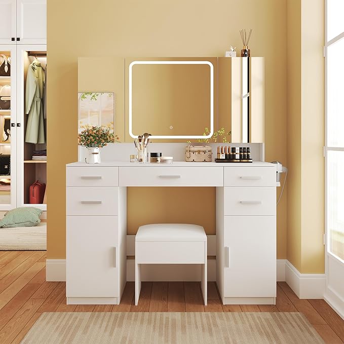 Vanity Desk with Mirror and Lights, Vanity Tables with 9 Drawers, Makeup Vanity with Tri-Folding 3 Colors Lighting Mirror and Cushioned Stool, Big Vanities Perfect for Bedroom, White