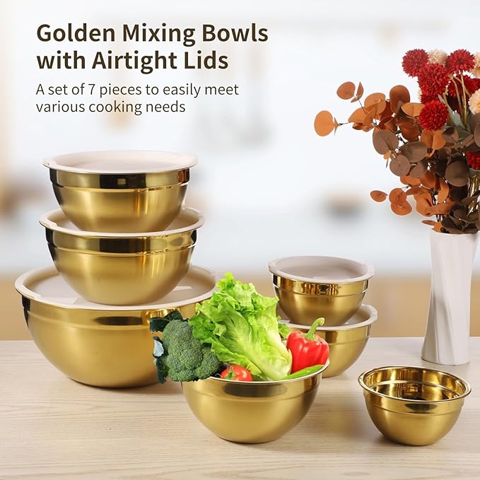 7 PCS Golden Mixing Bowls with Lids Set - Stainless Steel Salad Bowls with Airtight Lids, Mirror Finish Nested Mixing Bowl, 7 Sizes from 1.5 qt to 6.9 qt for Baking, Meal Prep, Food Serving