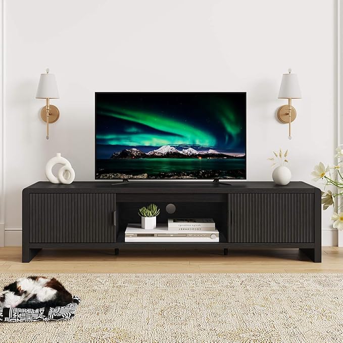 FATORRI TV Stand for 75/65/55 Inch TVs, Mid Century Modern Entertainment Center with Storage, Wooden Television Media Console Cabinet with Fluted-Door for Living Room, Bedroom (63 Inch W, Black)