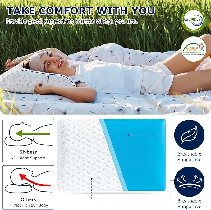 Ultra Thin Pillow 2.75" Cooling Memory Foam Pillows for Stomach Sleeping, Gel Infused Slim Pillow for Side Back Stomach Sleepers, Travel Pillow, Bed Pillow Neck Support, Washable Cover Standard Size