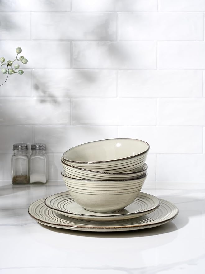 Famiware Twilight Plates and Bowls Sets 12-Piece Stoneware Dinnerware Sets, Dishes Set for 4, Hand-made Reactive Glaze Dish Set, Terre-verte