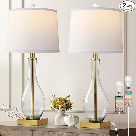 WIHTU Table Lamps Set of 2 with Touch Control, 27" Bedside Desk Lamps for Nightstand Decorations, 3-Way Dimmable Modern Glass Table lamp with USB C and A Charging Ports, Gold (LED Bulbs Included)