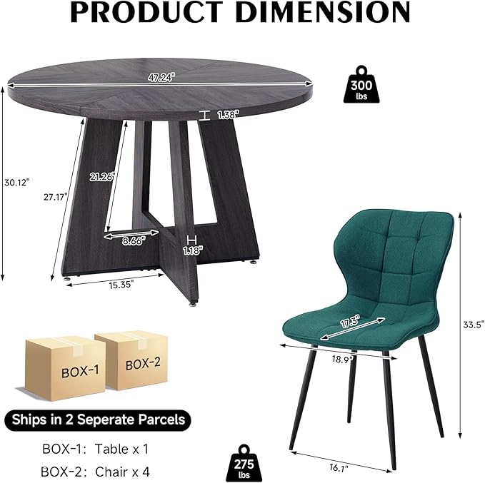 47" Round Dining Room Table Set for 4, [Fanned Base] [1.38" Thick Top] Wood Kitchen Table with 4 Water-Resistant Fabric Dining Chairs