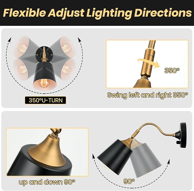 Plug in Wall Sconces, Black Wall Sconce Lighting, Swing Arm Wall Lamp,E26 Base Industrial Wall Light Fixtures with Plug in Cord