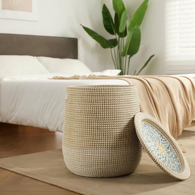 2 Pack Laundry Baskets Hamper with Removable Laundry Bag, Pure Handwoven Storage Basket, Natural Seagrass Decorative Clothes Hamper for Living Room household, Toy Blanket Plant Organization