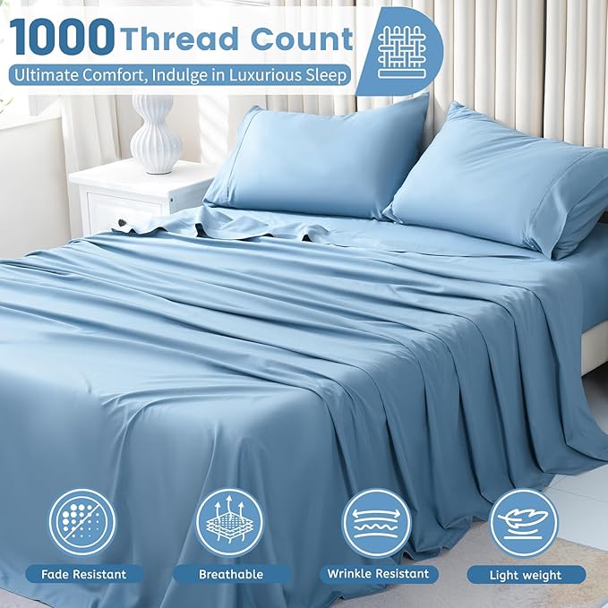 Bedlifes 1000 Thread Count 100% Egyptian Cotton Queen Size Sheets Set - Sateen Soft Silky Breathable Luxury Cooling 4 Pieces (Mineral Blue)