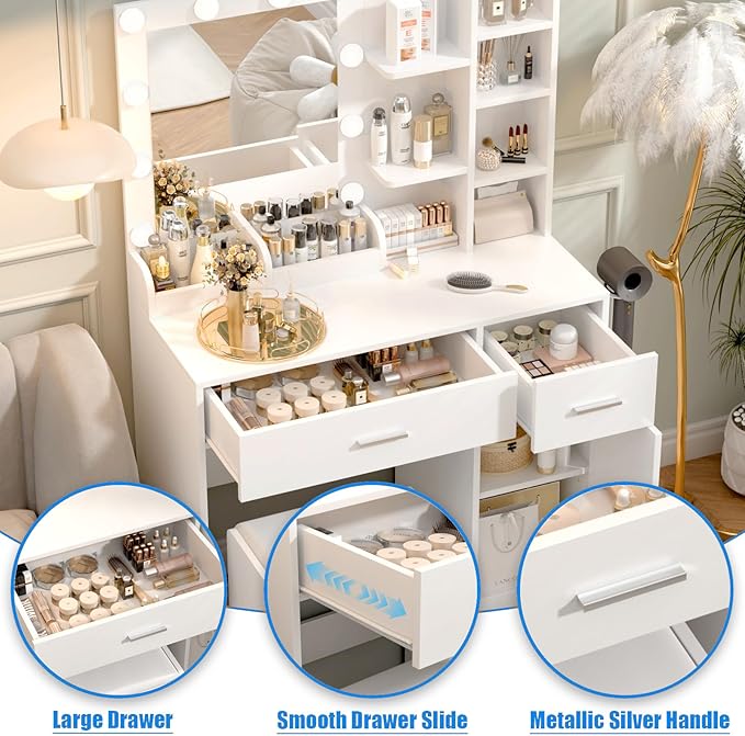 White Vanity Desk with Mirror and Lights, Makeup Vanity Desk with Lights 3 Colors, Dressing Table with 10 Bulbs, Power Outlet 2 Drawers Vanity Stool Makeup Table Set for Bedroom, Dressing Room