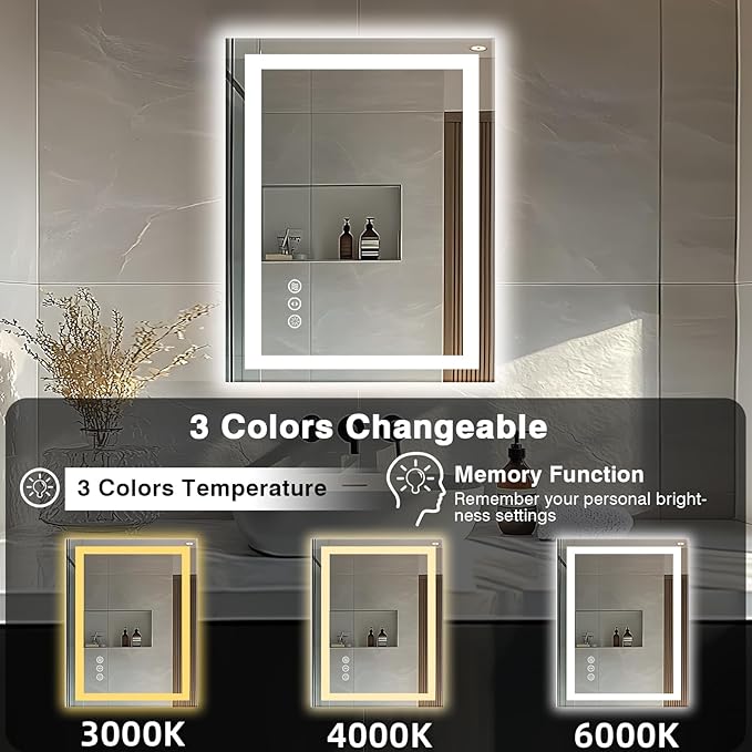 24"x32" LED Bathroom Mirrors for Wall, Front and Backlit Mirror, Anti-Fog Vanity Mirror with Lights, Stepless Dimmable Lighted Mirror, 3 Colors Smart Mirror (Horizontal/Vertical)