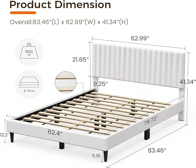 Casaottima Queen Bed Frame, Velvet Upholstered Platform Bed with Headboard, Strong Wooden Slats Support, Noise-Free Mattress Foundation, No Box Spring Needed, Easy Assembly,Vertical Stripe Cream White