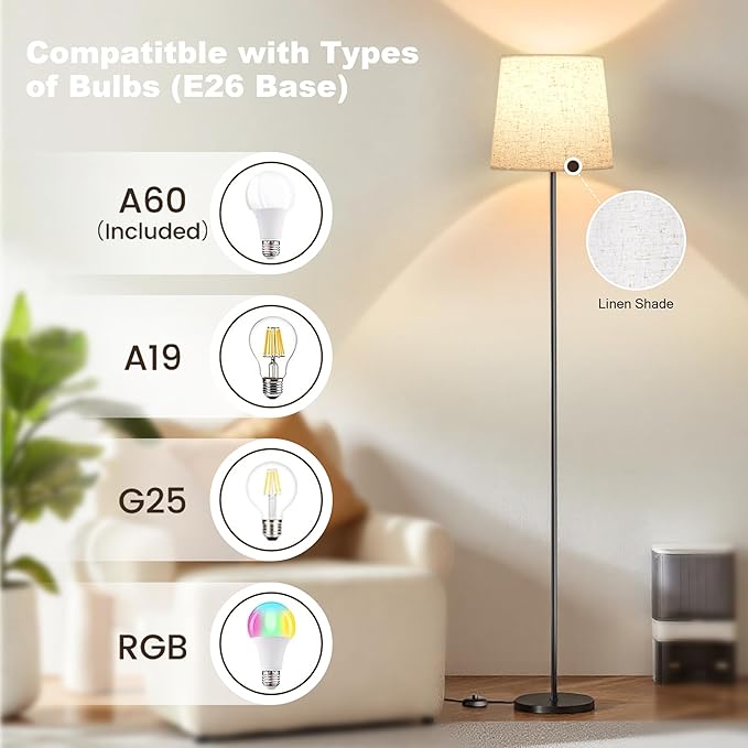 Floor Lamp with Linen Shade - 62" Dimmable LED Standing Lamp with Foot Switch, 3 Color Temps, 9W E26 Bulb Included, Black Floor Reading Light Corner Lamp for Living Room Bedroom Office