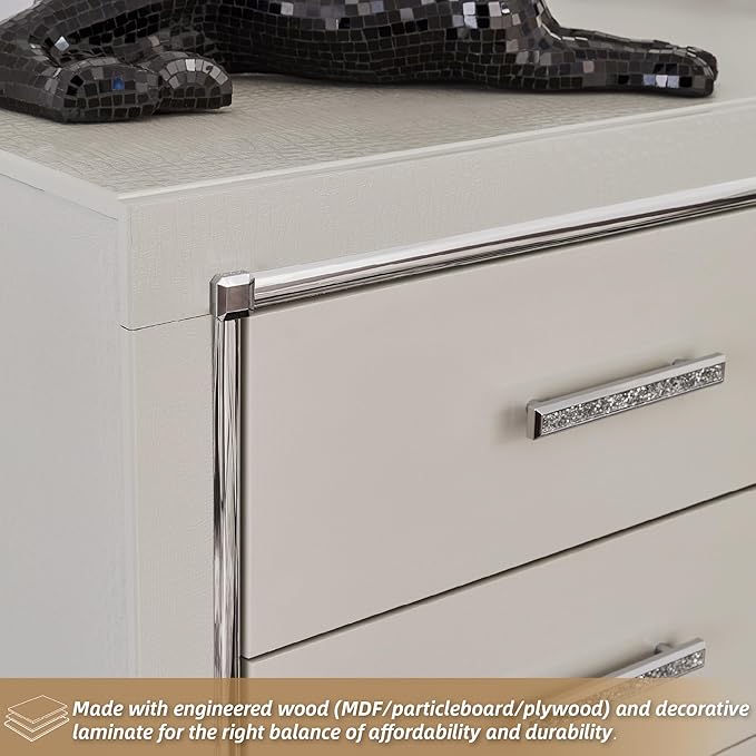 Signature Design by Ashley Zyniden Glam 5 Drawer Wide Chest with Safety Stop for Bedroom, Chrome