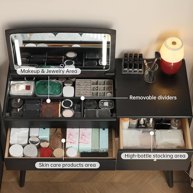 Small Vanity Desk with LED Mirror, Solid Wood Flip-top Design Dressing Table with Drawer Divider, Vintage Dressing Table Vanity Desk for Bedroom, Black, 40" D x 17" W x 31" H