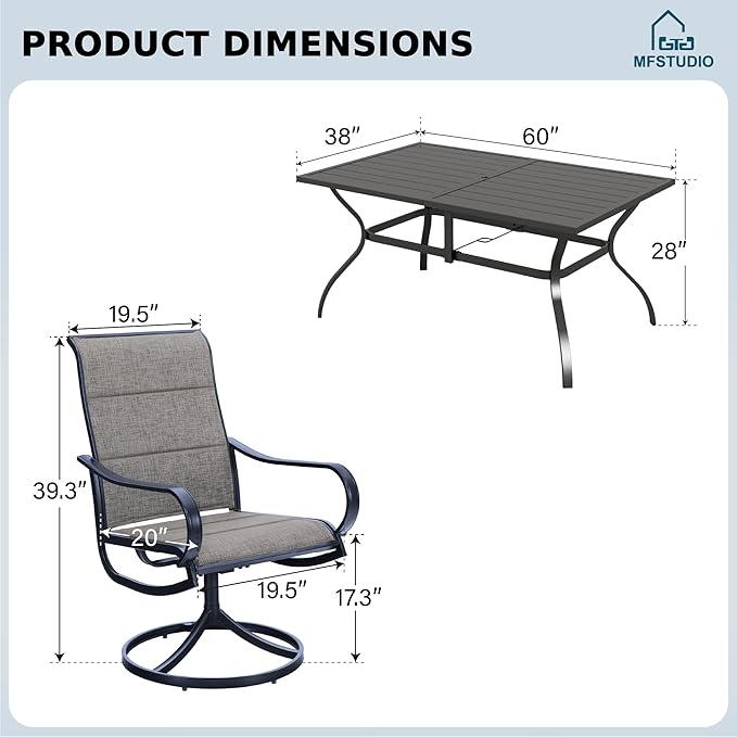 MFSTUDIO Patio Dining Set for 6, Outdoor Dining Set with Umbrella Hole, 7 Piece Patio Table and Chairs Set for Deck Backyard Poolside Garden