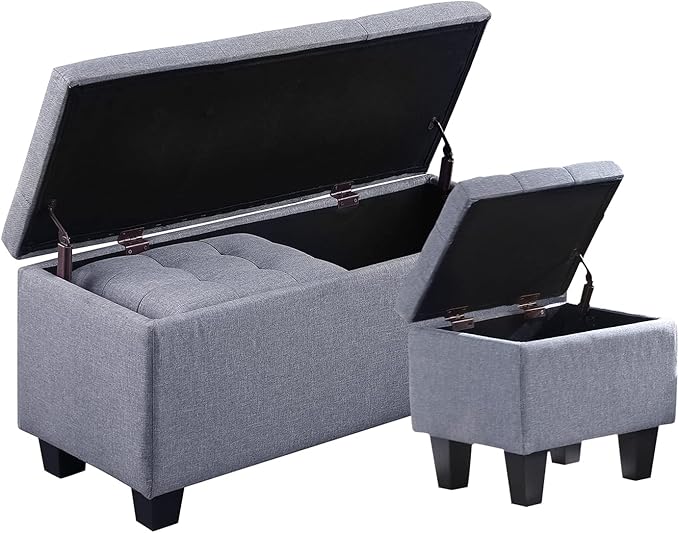 Hinged Storage Ottoman Set of 3, 38'' Living Room Storage Bench with Thick Seating, 2pcs Small Square Dorm Stool Couch Side Foot Rest