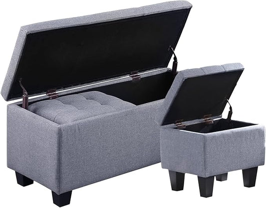 Hinged Storage Ottoman Set of 3, 38'' Living Room Storage Bench with Thick Seating, 2pcs Small Square Dorm Stool Couch Side Foot Rest