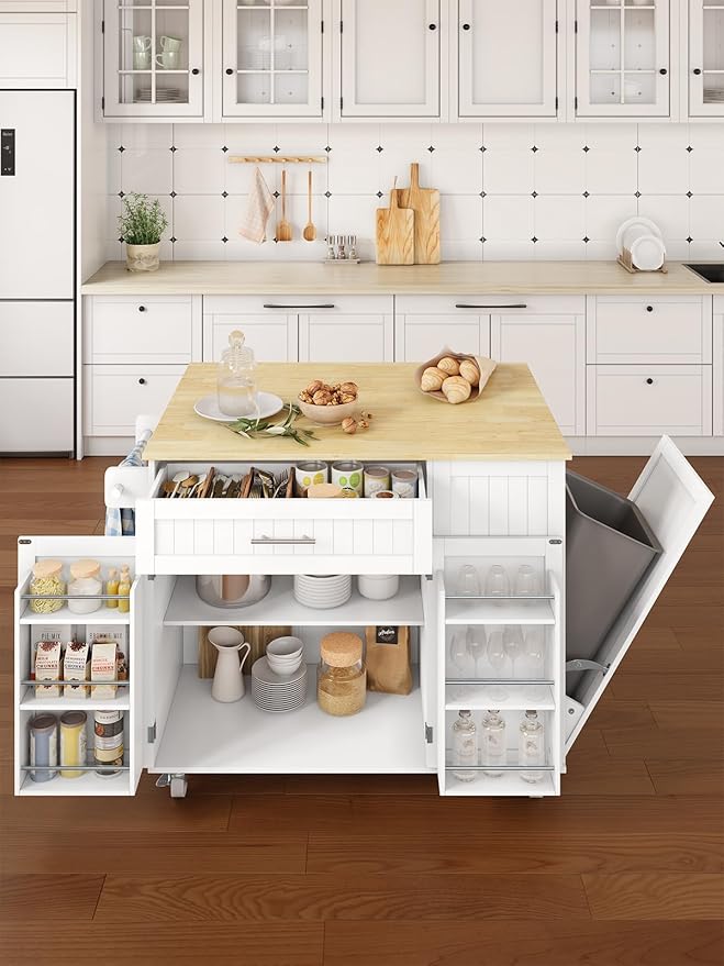Rolling Kitchen Island with Drop Leaf, Kitchen Island Cart on Wheels with 43.3" W Top, Portable Kitchen Cart with Trash Can Storage, Kitchen Islands with Storage for Small Space, White