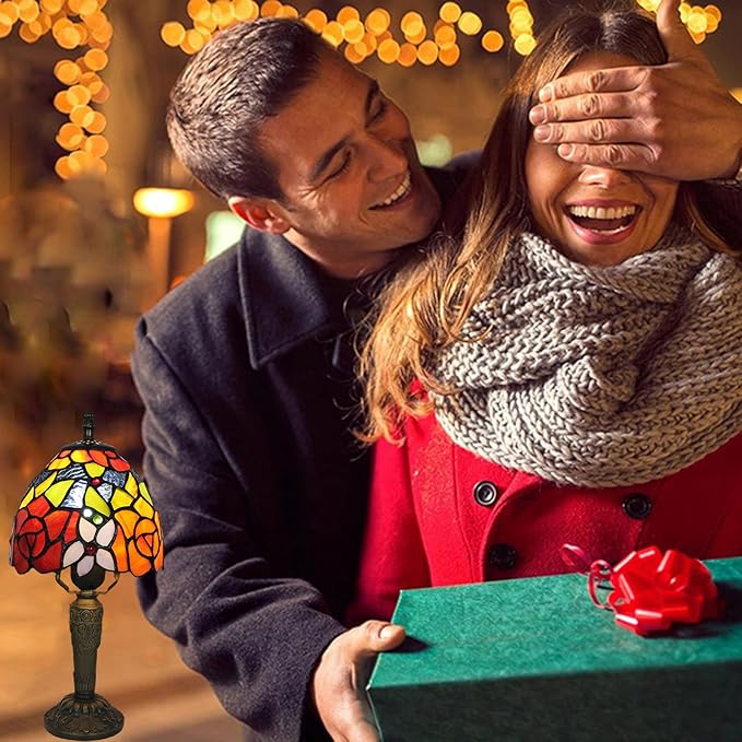 Rose Tiffany Small Table Lamp 3 Way Color Temperatures Stained Glass Bedside Nightstand Table Lamps for Living Room,Bedroom, Home Office Reading Desk Lamp+LED Bulb,6X6X12.5 Inch