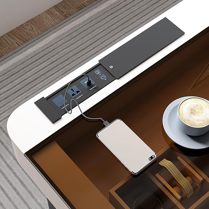 Lartis Office Desk, Very Easy to Assemble, Computer Desk, Home Telescopic Writing Desk, Modern Computer Desk with Retractable Cabinet Built-in LED Lights (Ivory, 47 in)